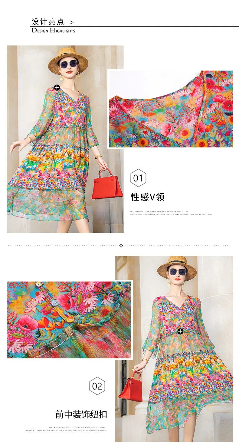 V-Neck Three-Quarter Sleeve Print Chiffon A-Line Midi Dress | Boho Vintage Beach Elegant Party Dress Luxegan