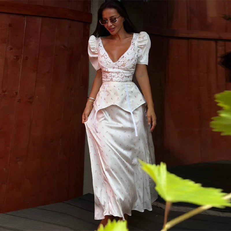 Organza Floral Printed Maxi Dress V-Neck  Puff Sleeve 2026 Spring/Summer Romantic Women Party Gown Fashion Elegant Lady Vestidos