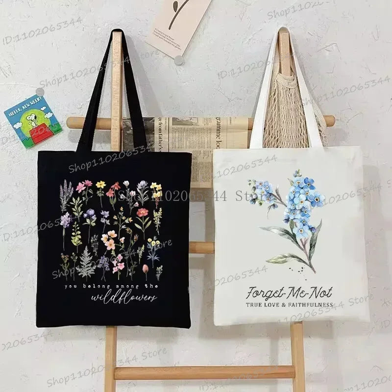 Myosotis Alpestris Canvasa Tote Bag for Women “Forget Me Not” Handbag Aesthetics Flower Shopper Bags Female Bohemia Shoulder Bag Luxegan