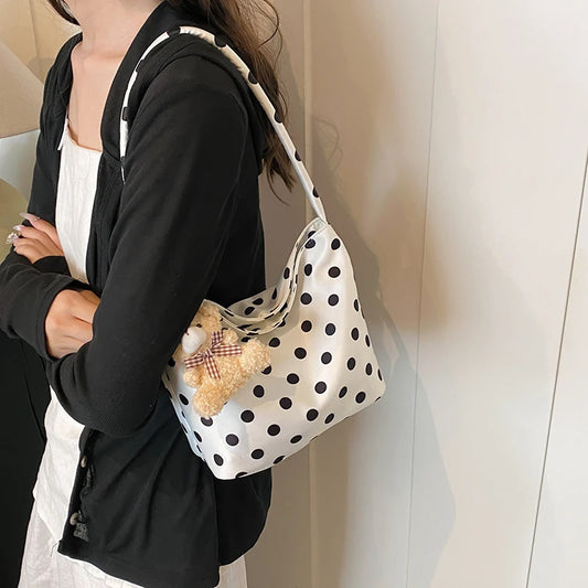 Soft Oxford Dot Pattern Bucket Bag | Casual Zippered Armpit & Shoulder Tote Luxegan