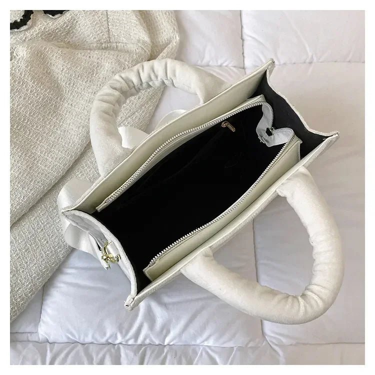 Aesthetic Velour Square Tote Bag | Elegant Letter Print Ladies Shoulder Bag | Sophisticated Felt & Velour Crossbody | Women’s Charisma Top-Handle Handbag with Interior Cell Phone Pocket Luxegan