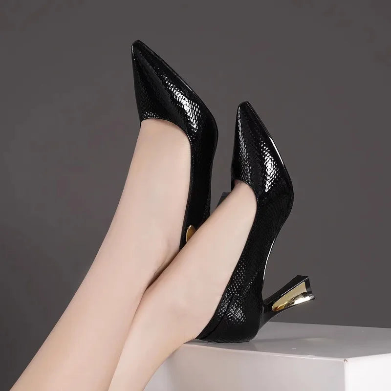 Wine Snakeskin Stiletto High Heels | Sophisticated Pointed Toe Women’s Pumps | Elegant "Handmade Snakeskin Pattern" Silhouette | "Dignified" Square Heel Stability for Radiant Versatile Styling Luxegan