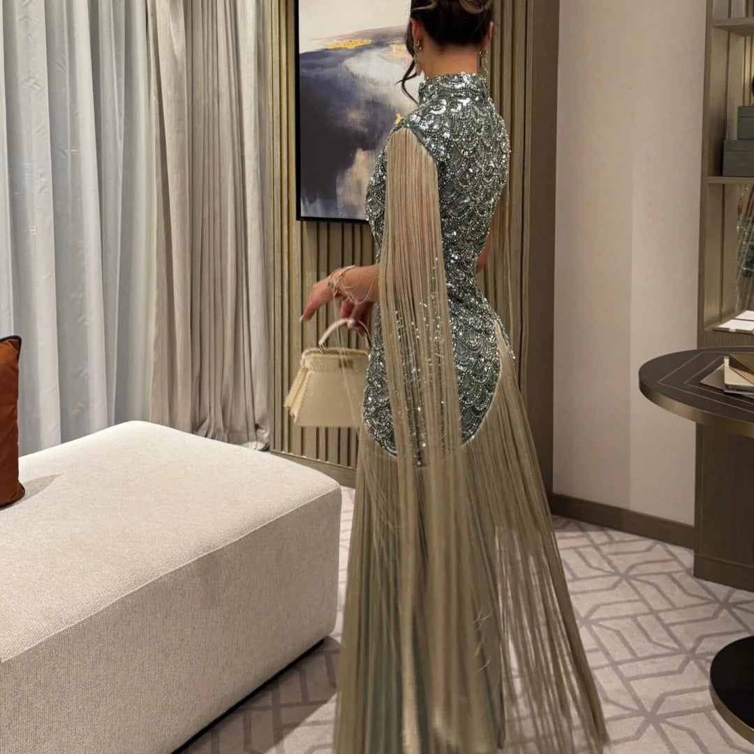 Women's Sage Green High Neck Prom Dress | Sequin Embellished Cap Sleeve Evening Gown | Glamorous Fringed Overlay Cocktail Dress | Premium Silk Knee-Length A-Line Formal Dress Luxegan