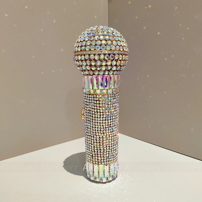 Gorgeous Microphone-Shaped Evening Bag | Unique Diamond-Encrusted Metal Clutch | Luxury Rhinestone Handbag for Parties, Weddings, & Red Carpet Events Luxegan
