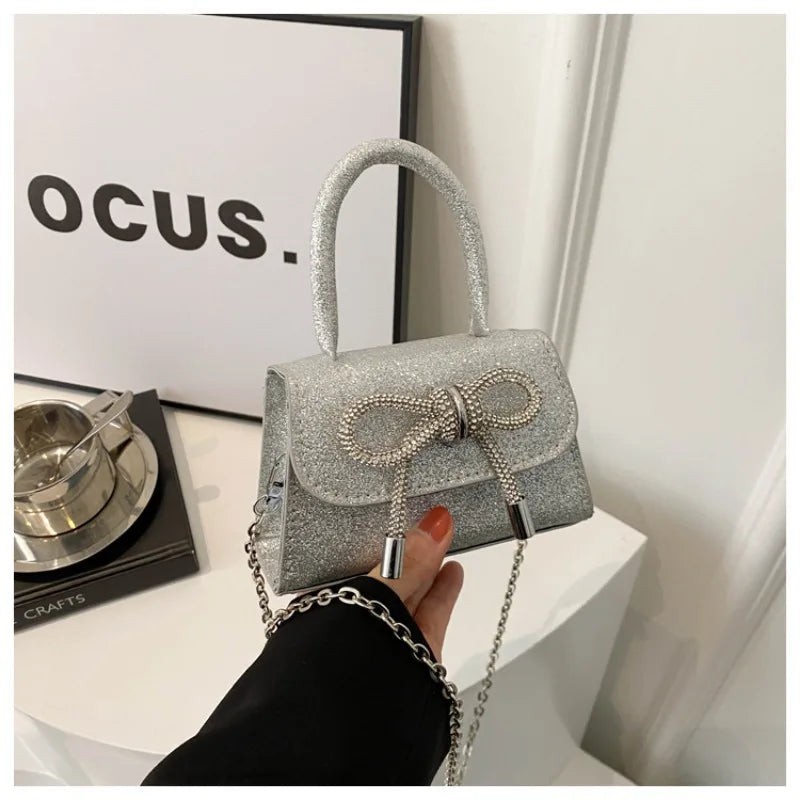 Glitter Small Square Handbag | PU Leather Bow Design Shoulder Bag