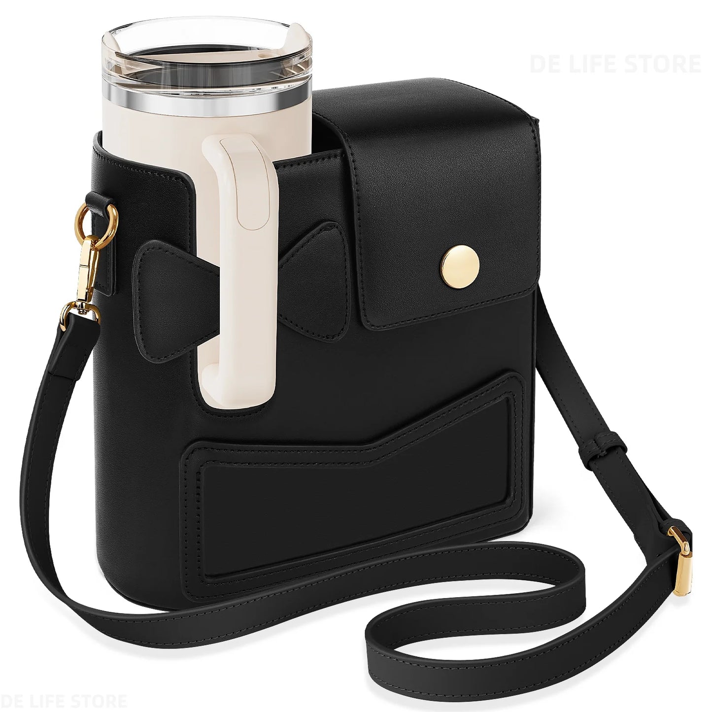 PU Leather Women's Water Bottle Crossbody Bag with Adjustable Strap | Portable Shoulder Handbag for Stanley Cup 40 oz (Box Shape) Luxegan