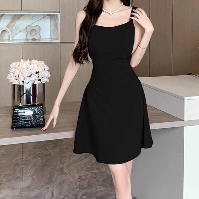 Women's Classic Black & White Suspender Dress | Elegant Lady Daily Temperament A-Line Mini Dress | Fashion Party Camisole Waist Dress | Premium Knit Slim Fit Square Collar Vestido Model 2626 Luxegan