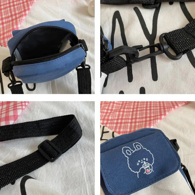 Korean Fashion Canvas Shoulder Bag | Small Messenger Crossbody for Girl Students | Sophisticated Cartoon Aesthetic Cotton Cloth Handbag | Fashion-Forward Square Canvas Bag for Daily Study & Leisure Luxegan