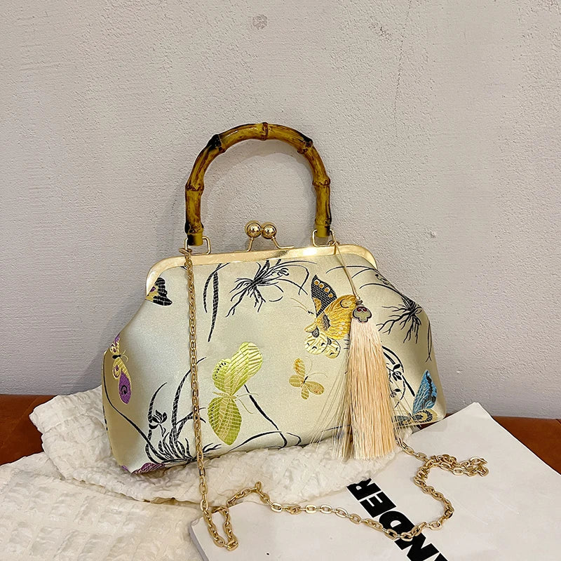 Luxury Embroidery Vintage Evening Bag | Wedding Style Floral Handbag with Tassel Design | National Fashion Shoulder & Crossbody Bag with Bamboo Fiber Lining Luxegan