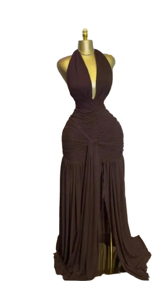 Floral Halter Backless Maxi Dress | V-Neck Ruched Ruffles Fit & Flare Party Dress Luxegan