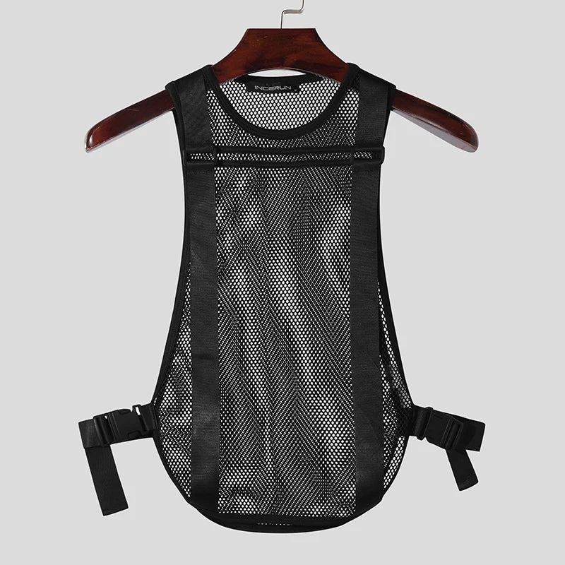 Mesh Transparent O-Neck Tank Top | Sophisticated Sleeveless Mesh Silhouette | Elegant "Summer-Ready" Transparent Vest | "Dignified" Black Streetwear for Radiant Versatile Styling Luxegan