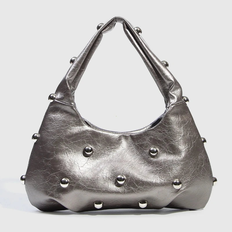 New Rivet Women's Designer Handbag | HARD PU Leather Casual Hobo Shoulder Bag | Half Moon Underarm Tote Clutch Luxegan