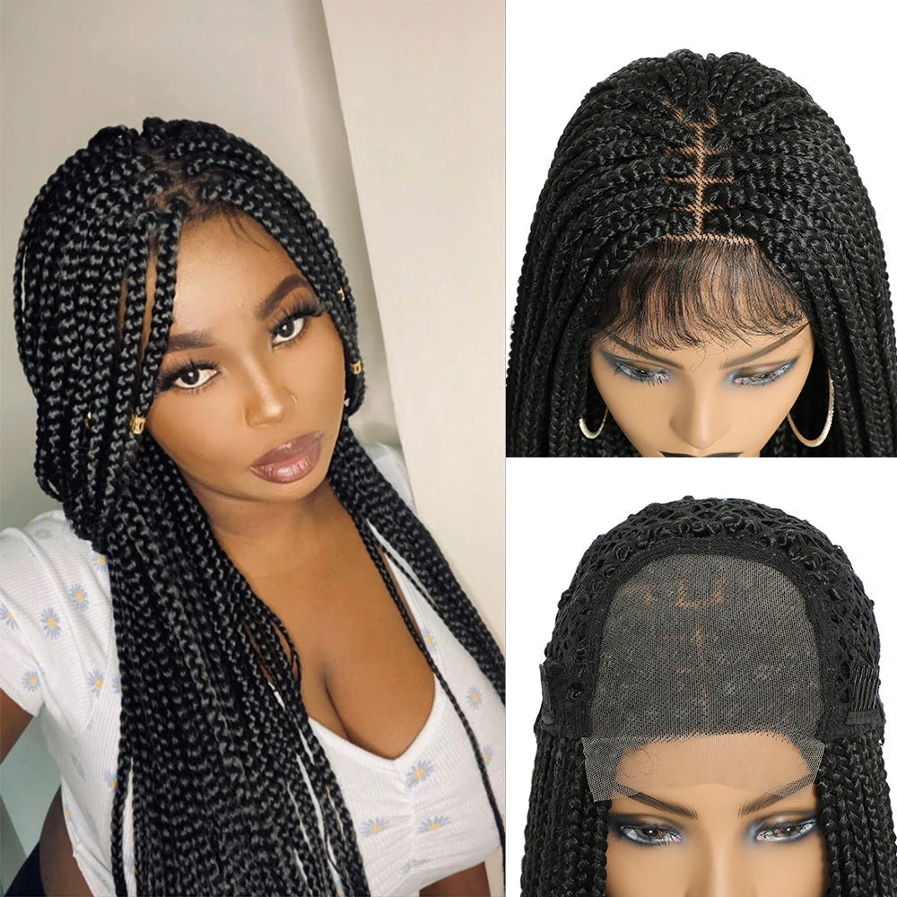 Long Box Braided 4x4 Lace Wigs With Baby Hair Twist Braids Lace Closure Wigs For Black Women Synthetic Cosplay Wig 30 Inch Luxegan