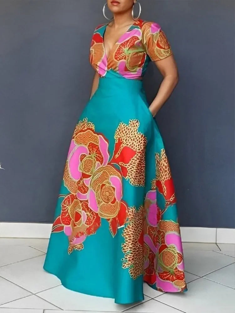 Floral Printed Party Dress | Sophisticated High-Waist A-Line Gown | Elegant "V-Neck" Silhouette | "Dignified" Floor-Length Summer Fashion for Radiant Versatile Party & Social Styling Luxegan