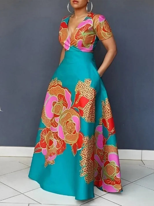 Floral Printed Party Dress | Sophisticated High-Waist A-Line Gown | Elegant "V-Neck" Silhouette | "Dignified" Floor-Length Summer Fashion for Radiant Versatile Party & Social Styling Luxegan