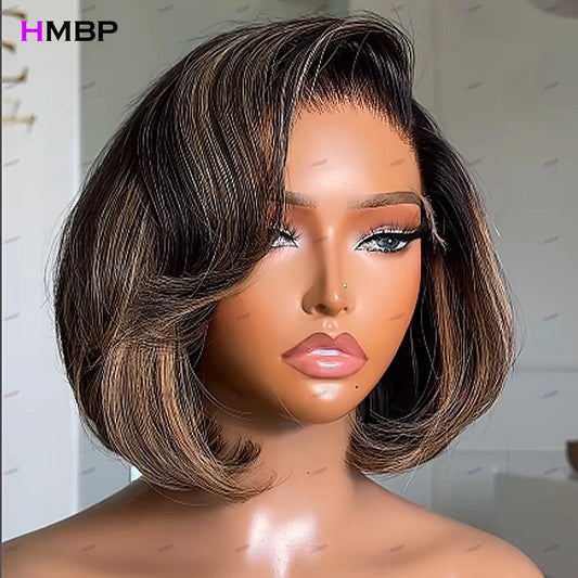 Highlight Color Super Double Drawn Straight Bob Wigs 13x6 HD Glueless Lace Frontal Wigs Preplucked Human Hair Closure Wig HMBP