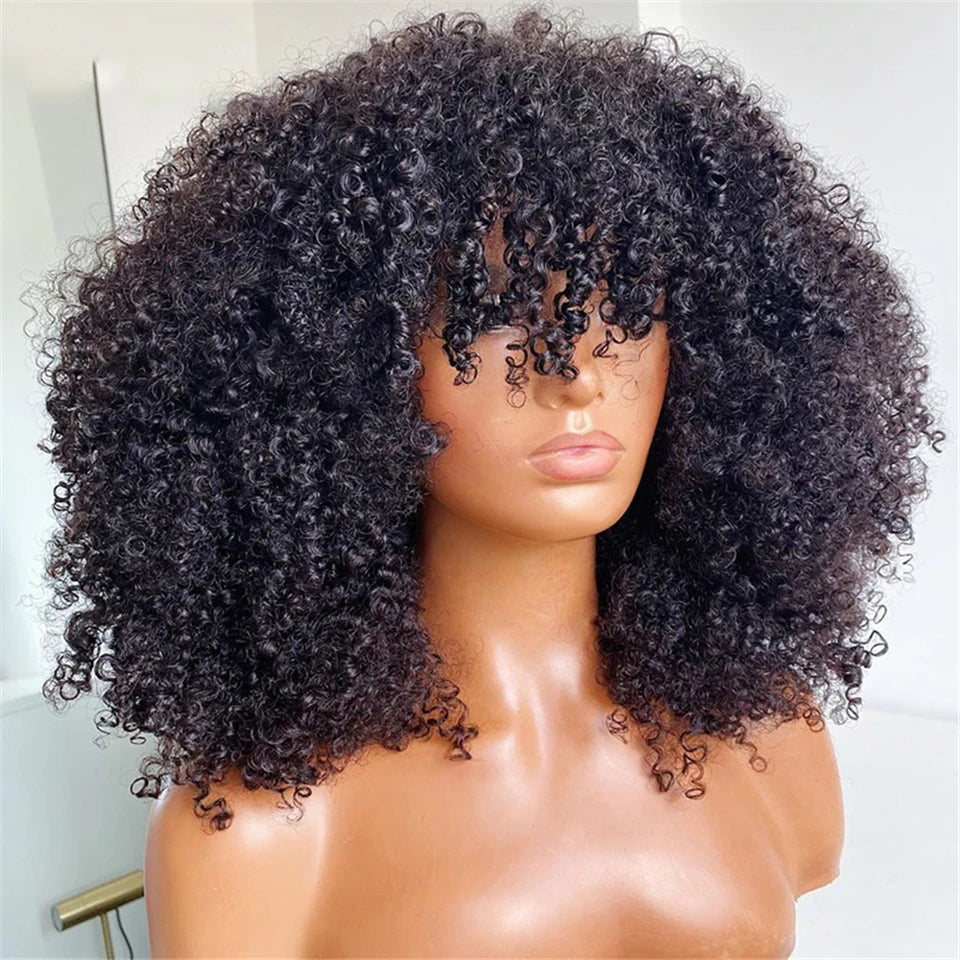 Ombre Brown Blonde Jerry Curl Human Hair Wig with Bangs - Full Machine-Made Glueless Afro Kinky Curly Wig - 100% Brazilian Remy Human Hair Wear-and-Go Fringe Wig for Black Women Luxegan