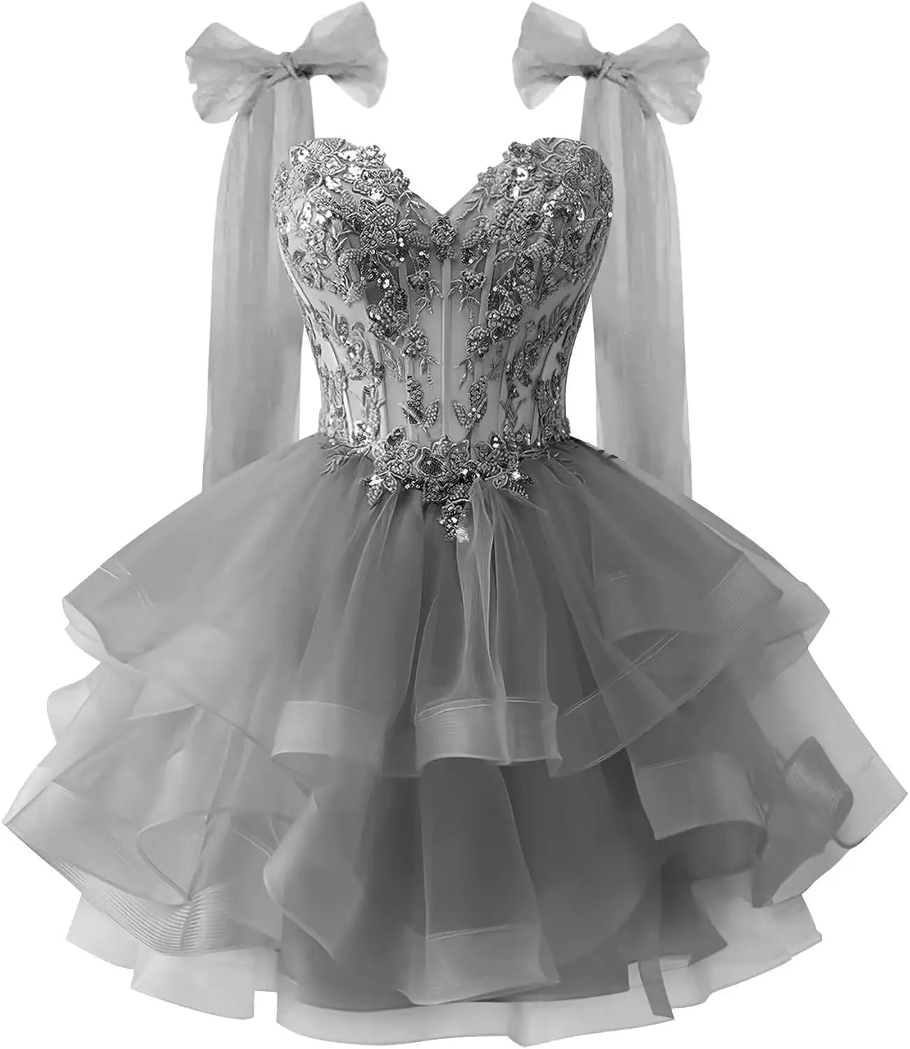 Tiered Tulle Homecoming Dresses Sparkly Lace Applique Bow Straps Short Prom Dress for Teens Cocktail Dress Graduation Dress