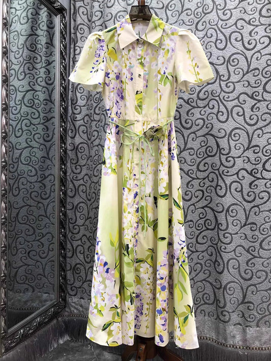 Premium 100% Cotton Long Dress for Women | Sweet Floral Print Luxury Maxi Dress | Elegant Single-Breasted Turn-Down Collar Dress | Regular Fit Short Sleeve Ankle-Length High Street A-Line Gown Luxegan