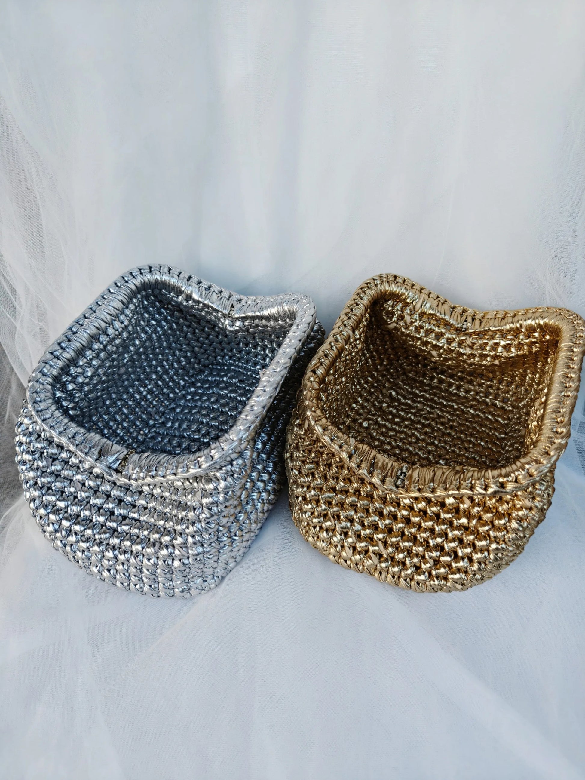 Metallic Lustre Crochet Underarm Bag | Sophisticated Cloth-Strip Woven Clutch | Elegant Large-Capacity Knit Tote | "Dignified" Soft Polyester Handbag for Versatile Everyday Chic Luxegan