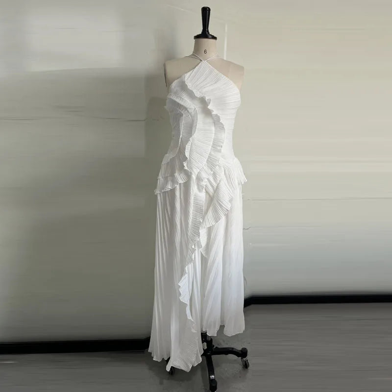 Solid Halter Neck Sleeveless Backless Slim Fit Asymmetrical Ankle-Length Dress – Empire Waist, Summer Luxegan