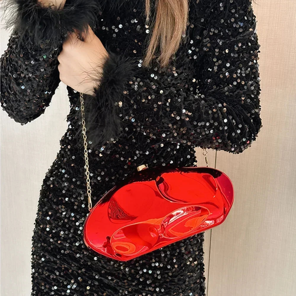 Hard Acrylic Shell Minaudiere | Gold/Silver/Blue Metal Shiny Evening Clutch Luxegan