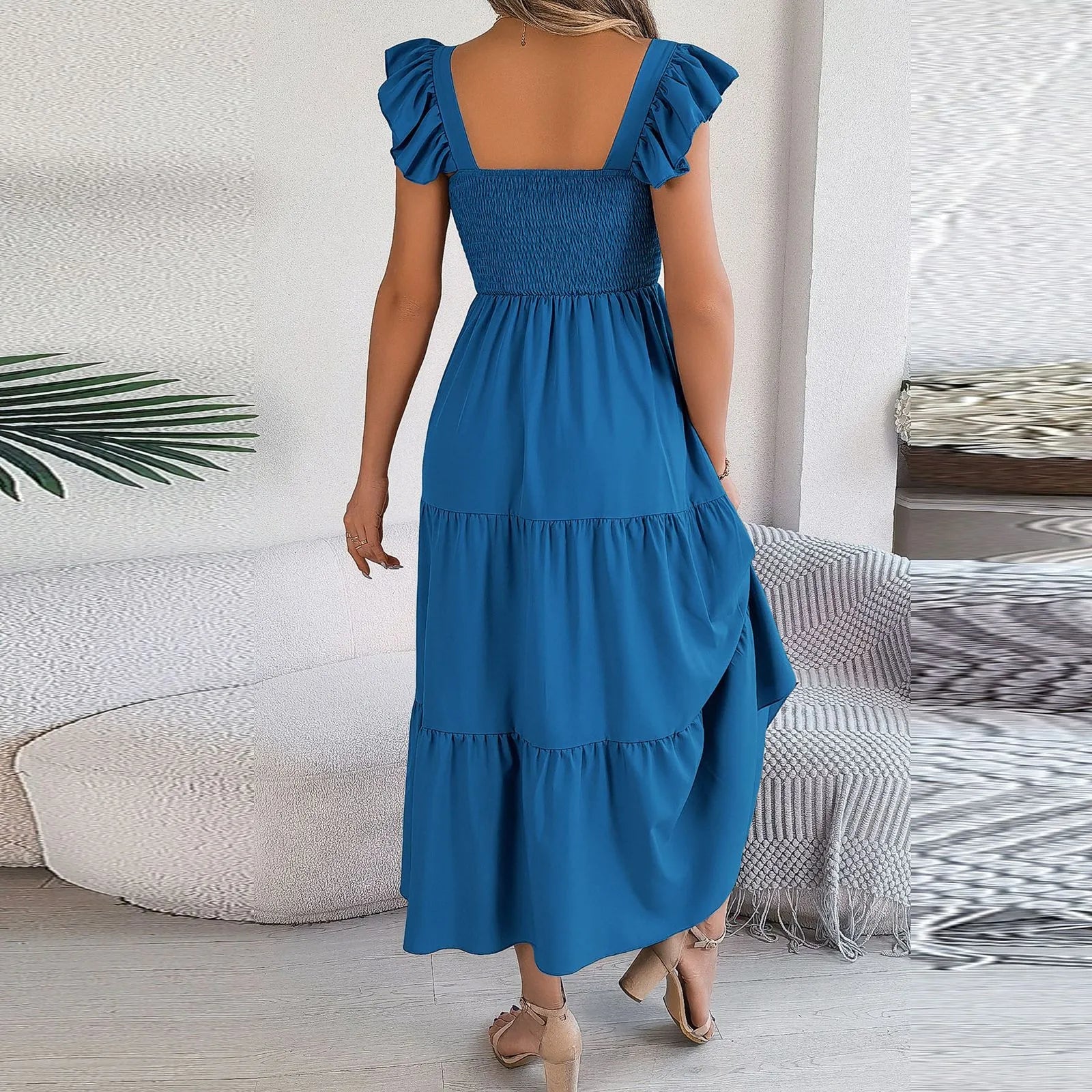 Solid Sleeveless Backless Pleated Maxi Dress | Square Neck A-Line Beach & Casual Dress Luxegan