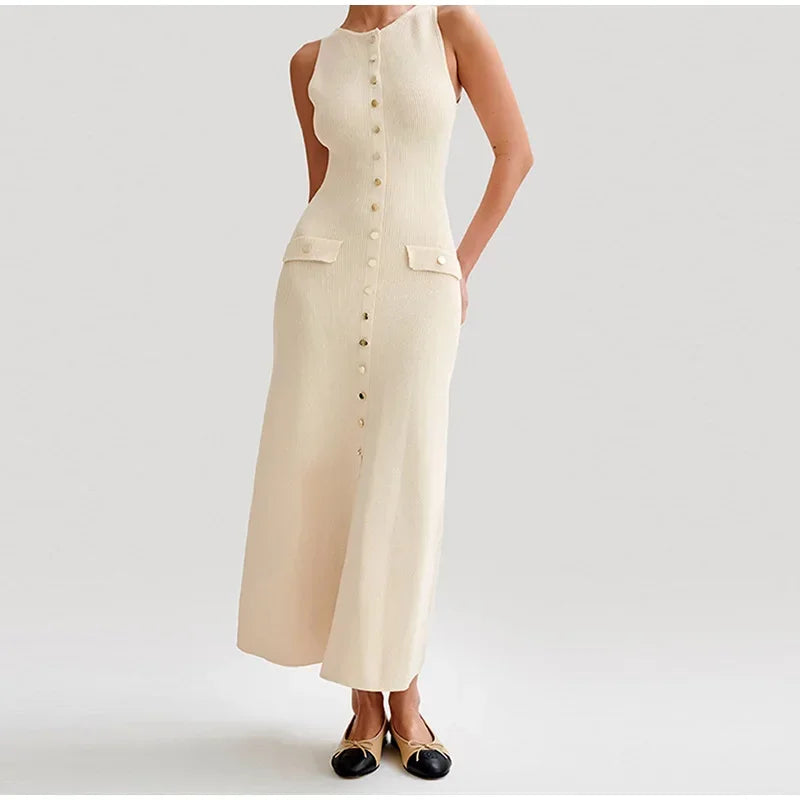 Solid O-Neck Sleeveless Tank Button Detail Slim Fit A-Line Mid-Calf Dress – High Stretch Knitted Polyester, Empire Waist, Summer Luxegan