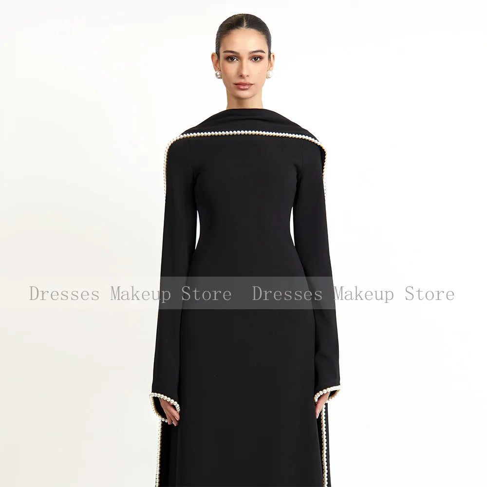 Customized Wedding Party Dress Black A Line Pearl Long Sleeves O Neck Evening Gown Long Shawl Saudi Arabian Formal Evening Dress
