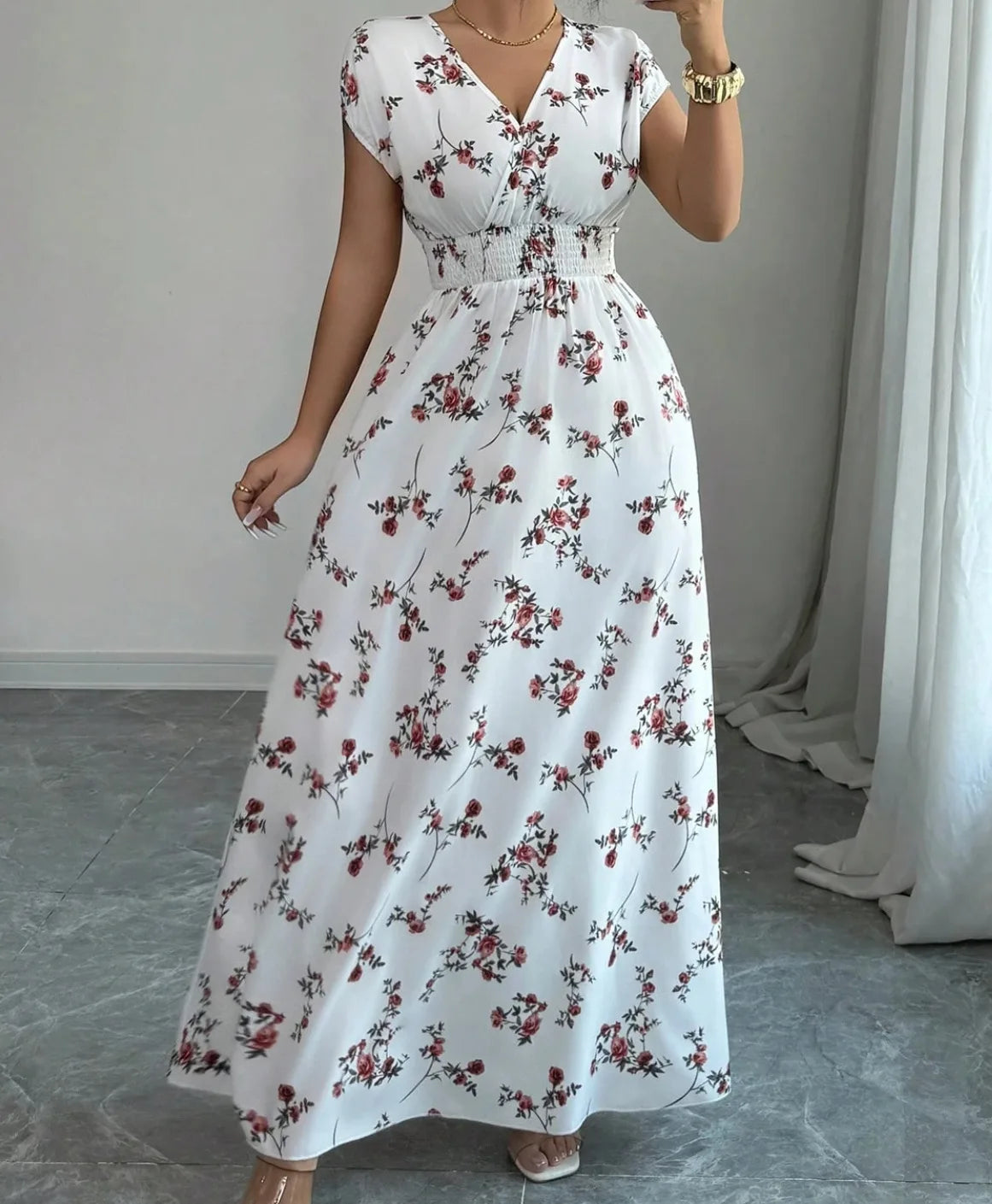 Print Casual V-Neck Short Sleeve Regular Fit Loose Knee-Length Dress – Polyester and Cotton, Natural Waist, Spring/Summer Luxegan