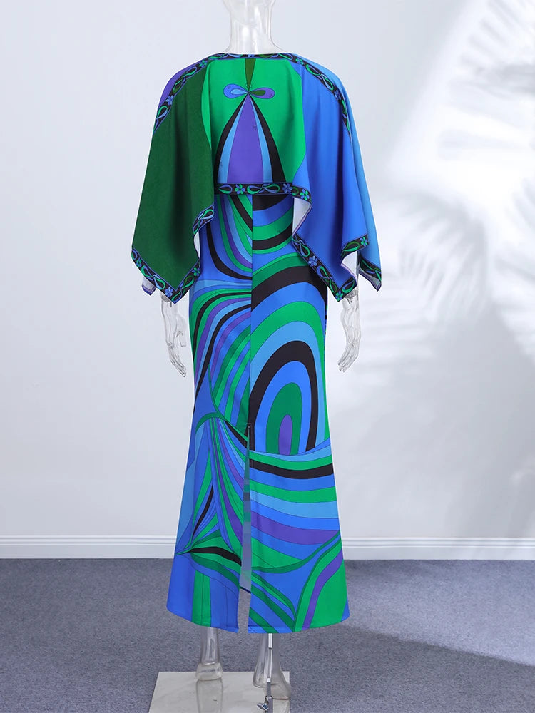 Stripe Print Round Neck Full Batwing Sleeve Loose Fit Sheer Ankle-Length Dress – Available as Dress or 2-Piece Set, Spring/Summer Luxegan