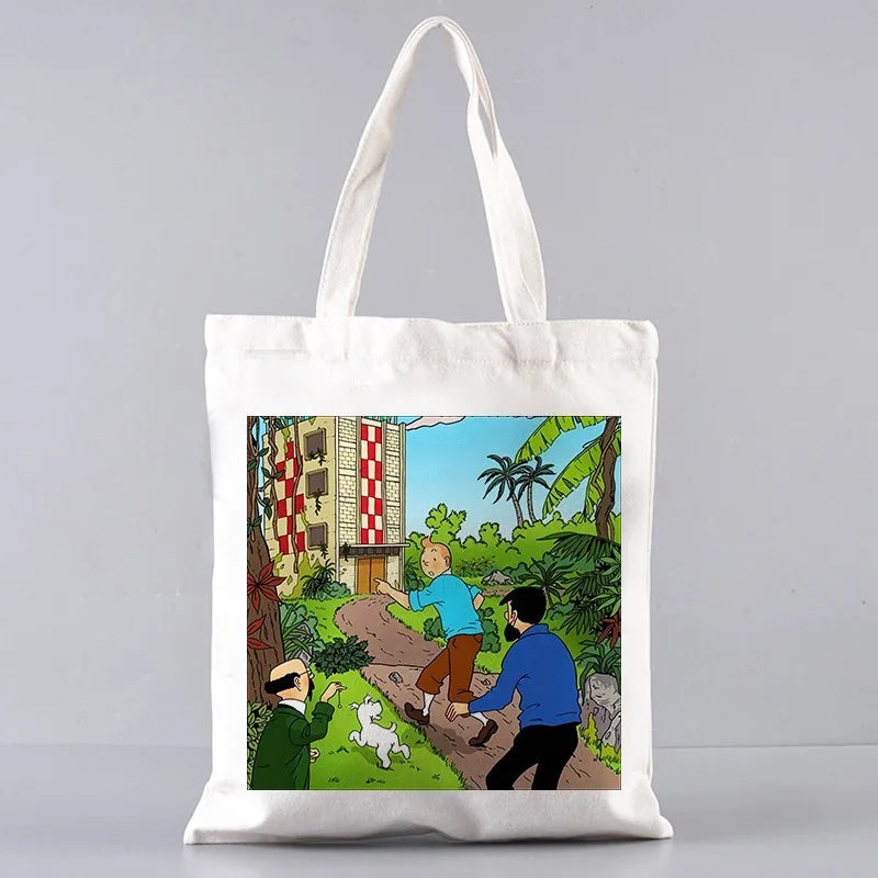 Soft Tintin Cartoon Canvas Large Capacity Tote | Open-Top Shopping Bag Luxegan