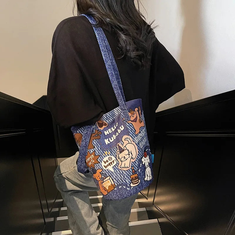 Trendy Leopard Print Illustration Splicing Bucket Bag | New Large-Capacity Canvas Shoulder Handbag for Women Luxegan