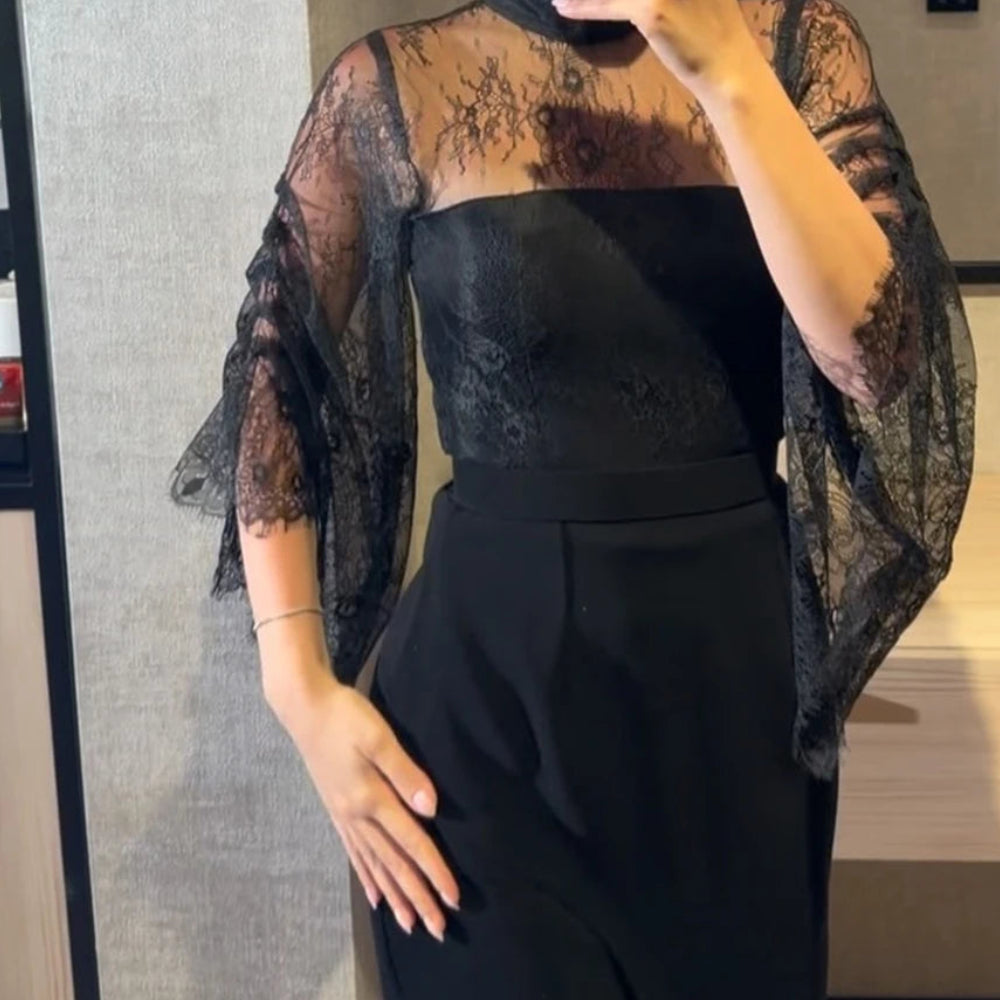  Lace Straight Evening Dress | High-Neck Full Sleeve Ankle-Length Prom Gown Luxegan