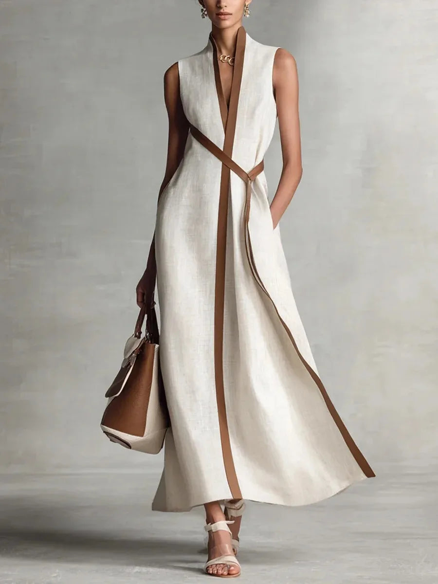V-Neck Lace-Up Sleeveless Loose Midi Dress | Solid Casual Fashionable Spring Summer Long Dress