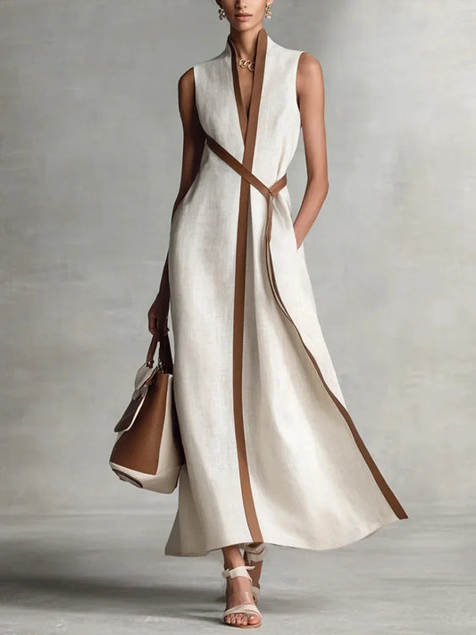V-Neck Lace-Up Sleeveless Loose Midi Dress | Solid Casual Fashionable Spring Summer Long Dress