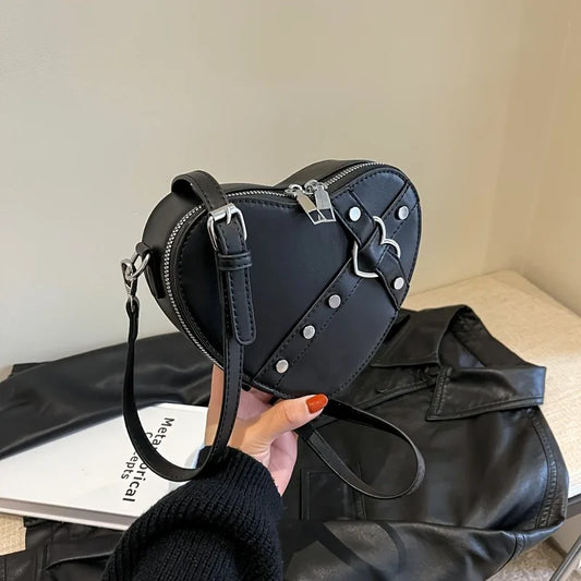 Love Heart Solid Color Zipper Crossbody Bag | Punk Rivet Style PU Leather Wallet Handbag for Women Luxegan