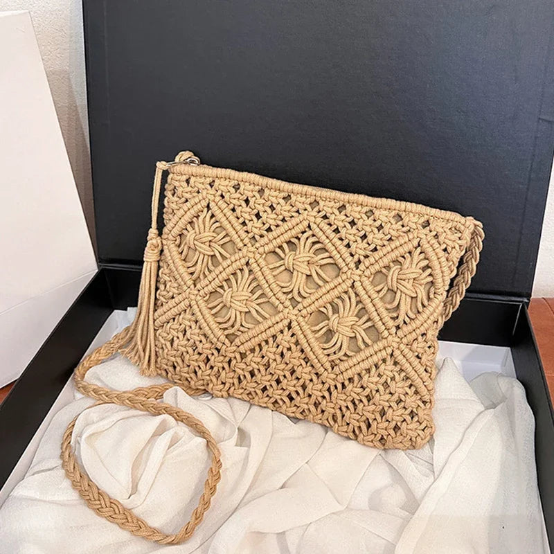 Designer Hollow Out Woven Straw Bag | Fashion Bohemian Summer Crossbody & Shoulder Bag with Tassels Luxegan