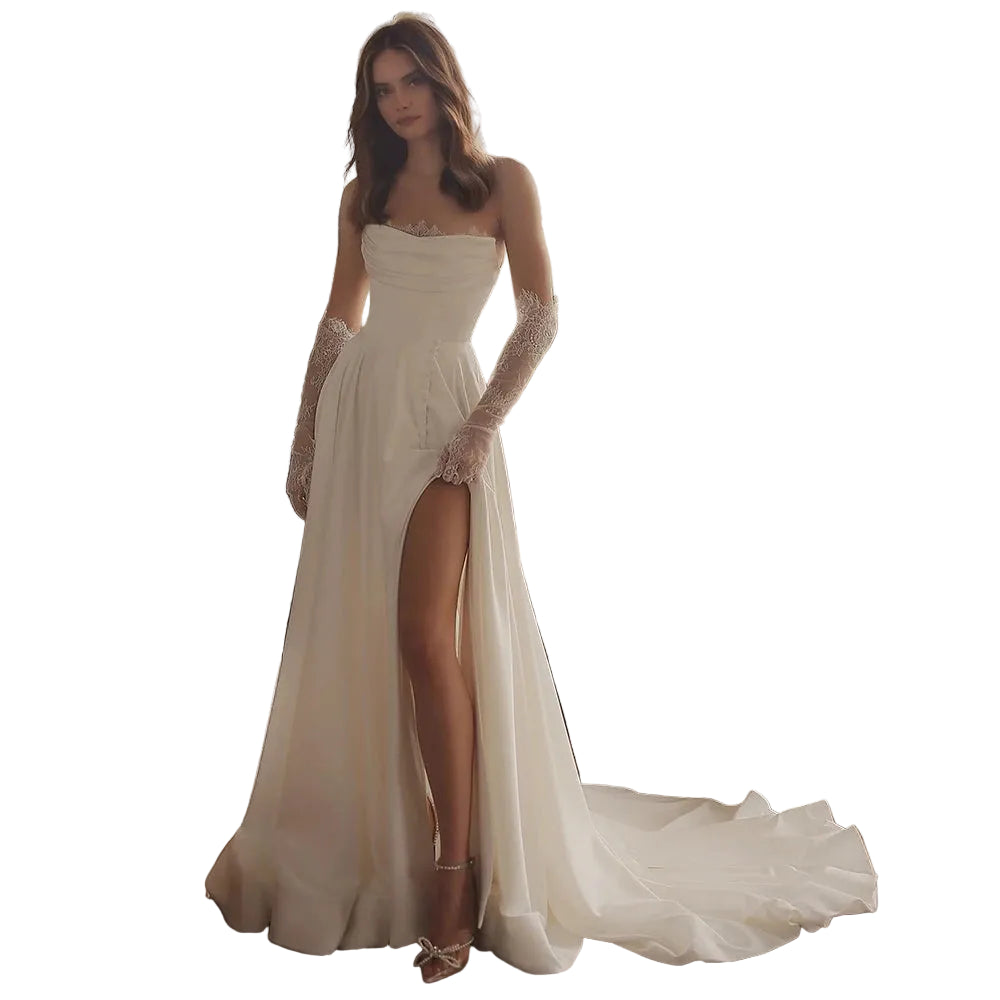 Sexy Split Satin A-Line Wedding Dress | Boho Strapless Lace-Up Bridal Gown | Simple Sleeveless Floor-Length Marriage Dress Luxegan