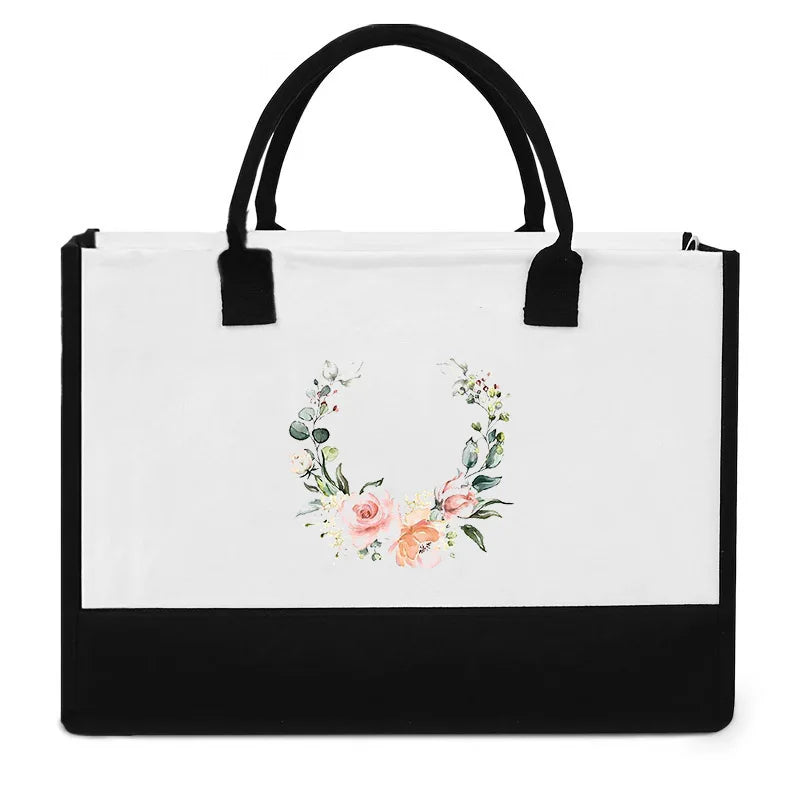 High-Quality Reusable Jute Shopping Bag | Waterproof Fashion Tote with Floral & Letter Print | Durable Cotton & Burlap Handbag for Beach, Picnics, and Grocery (Unisex) Luxegan