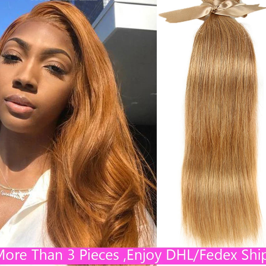 #27/30 Honey Blonde Auburn Straight Human Hair Bundles | Premium Brazilian Remy Human Hair Weaving | Multidimensional Highlighted Sew-In Extension Bundles (3-Piece Multipack) Luxegan