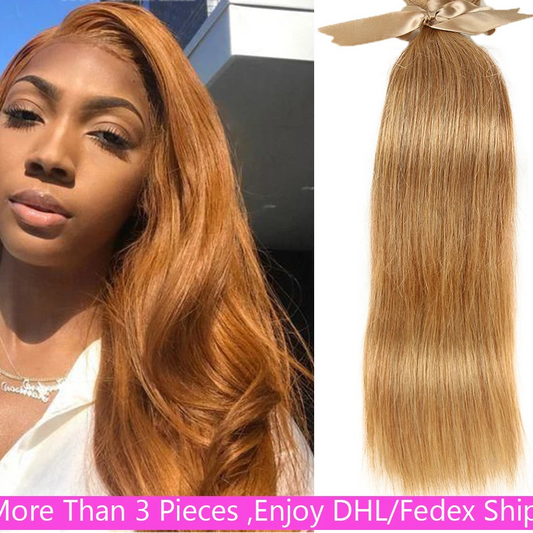 #27/30 Honey Blonde Auburn Straight Human Hair Bundles | Premium Brazilian Remy Human Hair Weaving | Multidimensional Highlighted Sew-In Extension Bundles (3-Piece Multipack) Luxegan