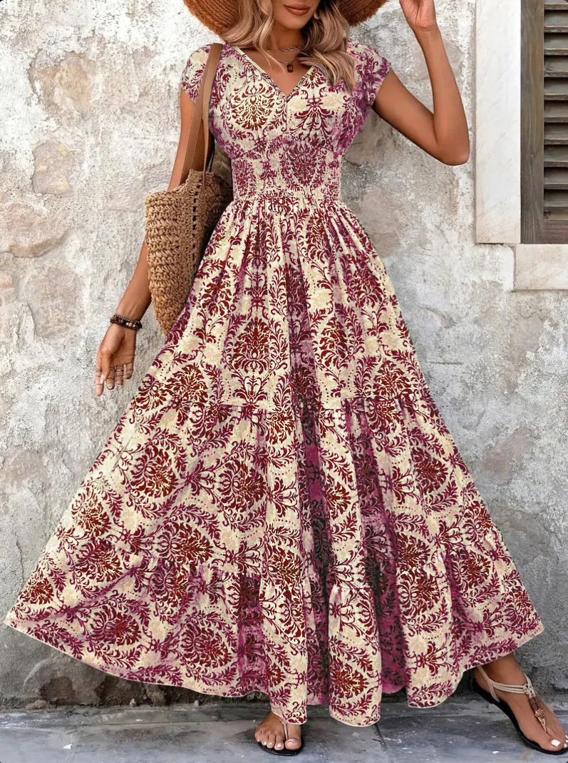 Women's Vintage Floral Printed Long Dress Jumpsuit | Elegant V-Neck Short-Sleeve Maxi | Slim-Fit Ankle-Length Office Lady Summer Gown Luxegan