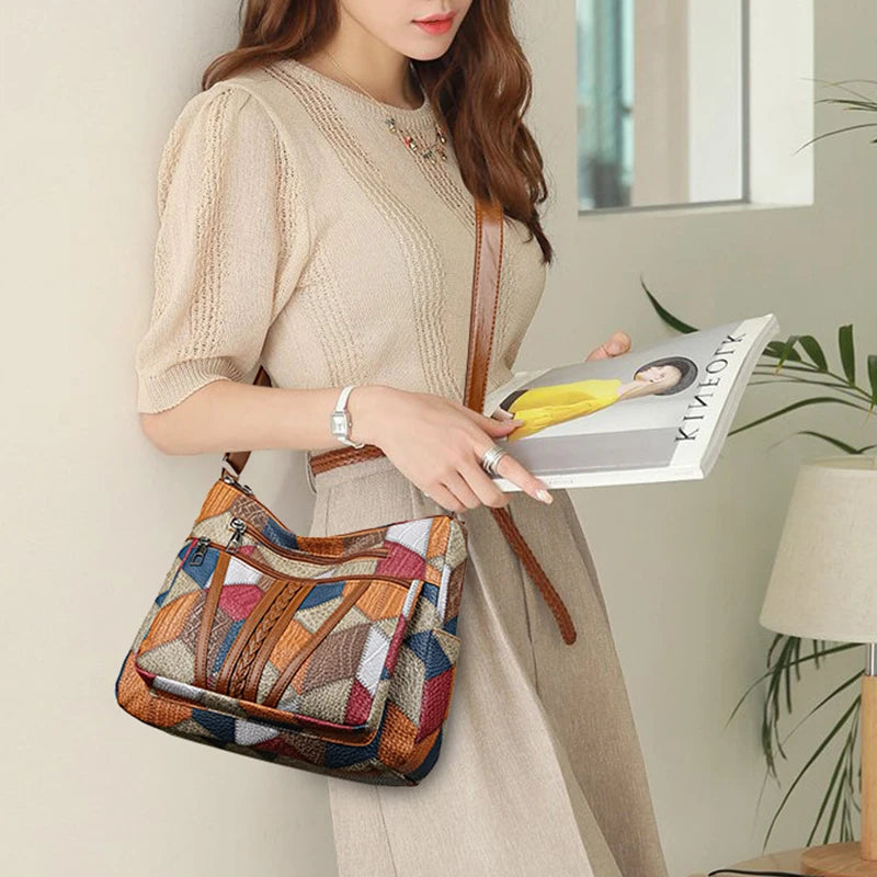 PU Leather Patchwork Casual Tote | Soft Vintage Large Capacity Shoulder Bag Luxegabn