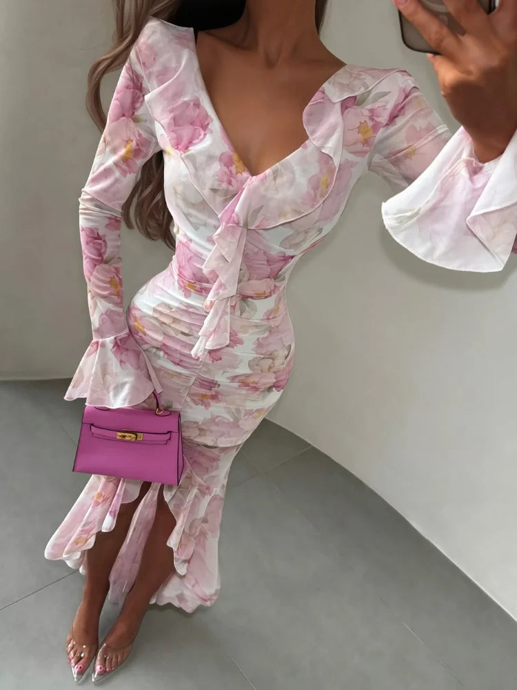 Women's Printed V-Neck Fit & Flare Dress Luxegan