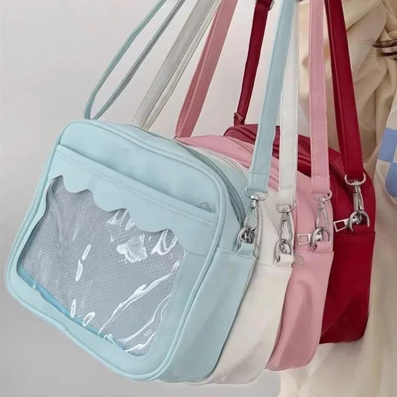 Women's PU Transparent Pocket Ita Bag | High School Girls JK Uniform Crossbody Shoulder Handbag (Fashion Satchel) Luxegan