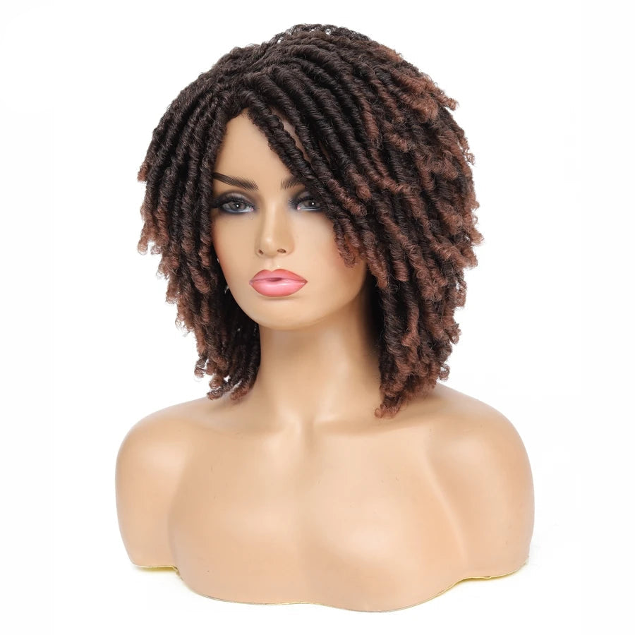 Short Afro Curly Faux Locs Wig | Twist Braids | Heat Resistant | Ombre Brown | Black Women Luxegan