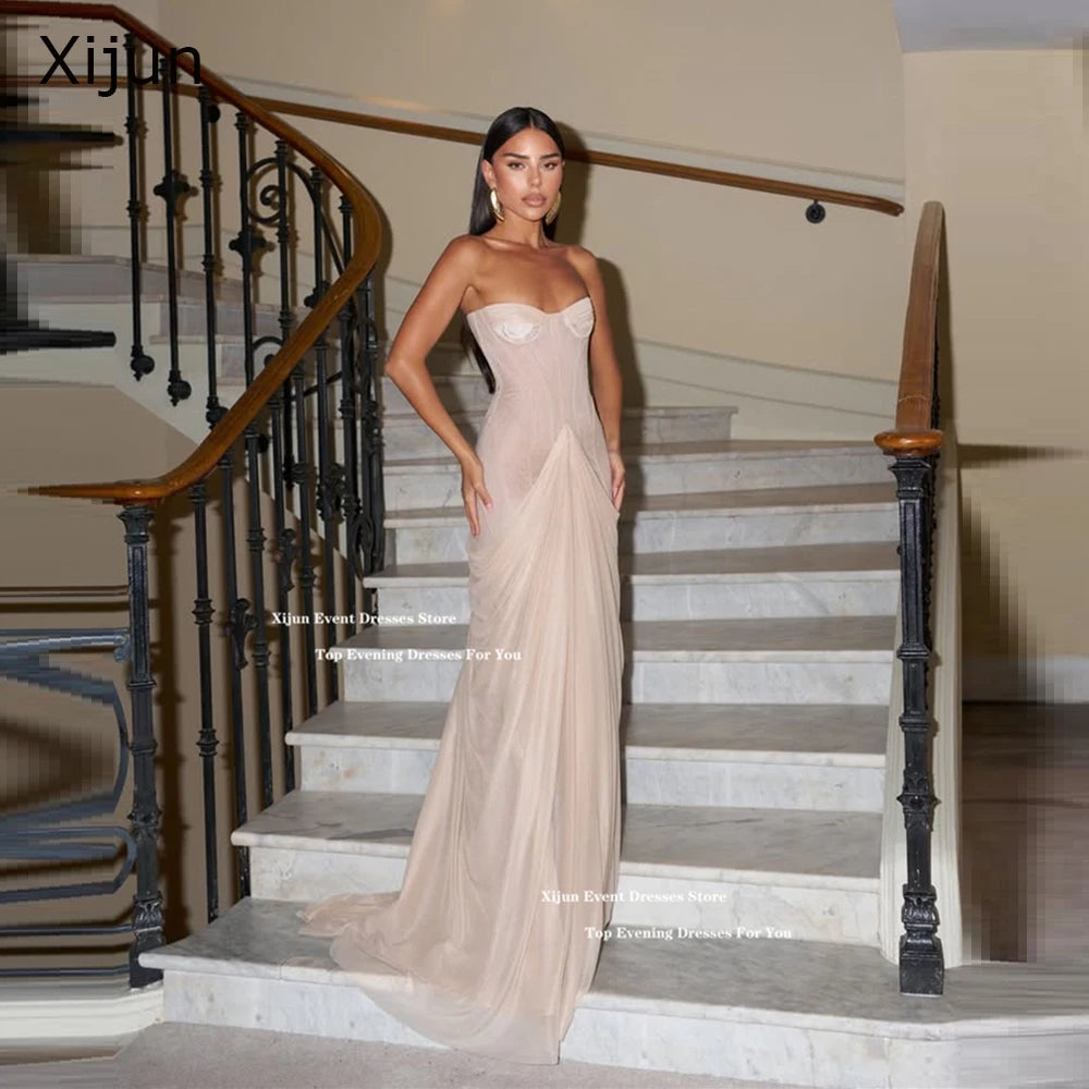 Xijun Blush Pink Chiffon Long Evening Dresses Sweetheart Mermaid Formal Prom Dresses Sleeveless Saudi Arabric Prom Gowns Customi