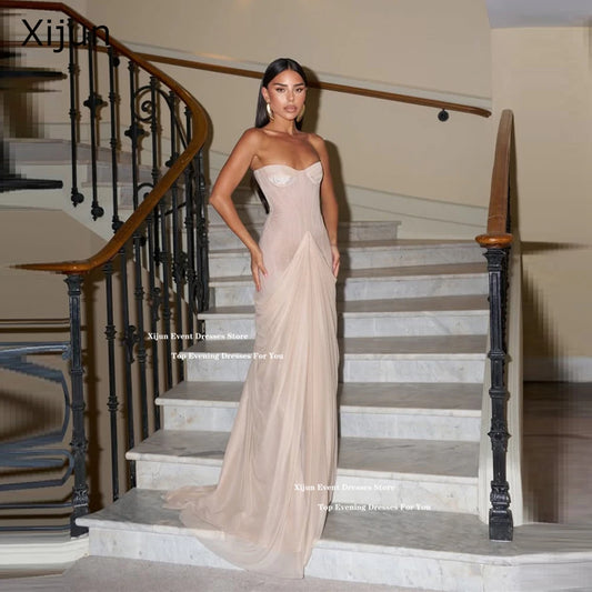 Vestidos de Noche Largos de Gasa Rosa Rubor Xijun, Escote Corazón, Estilo Sirena, Formales para Fiesta de Graduación, sin Mangas, Estilo Árabe Saudita, Personalizables