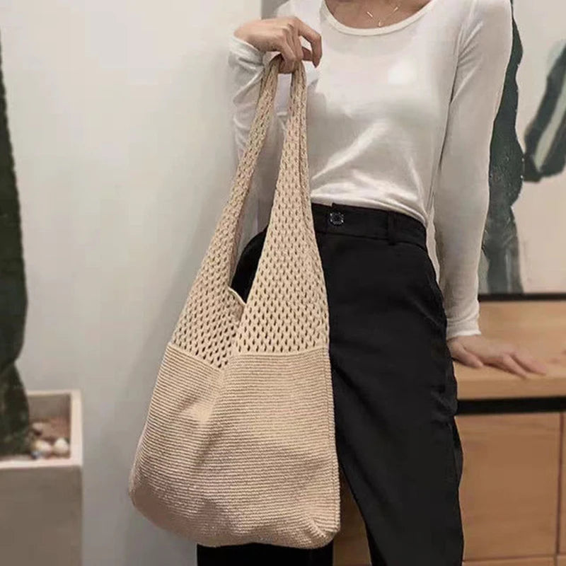 New Trend Women's Crochet Handbag | Retro Knitted Braid Solid Color Hollow Top-Handle Tote Bag (Black Khaki Shopper) Luxegan